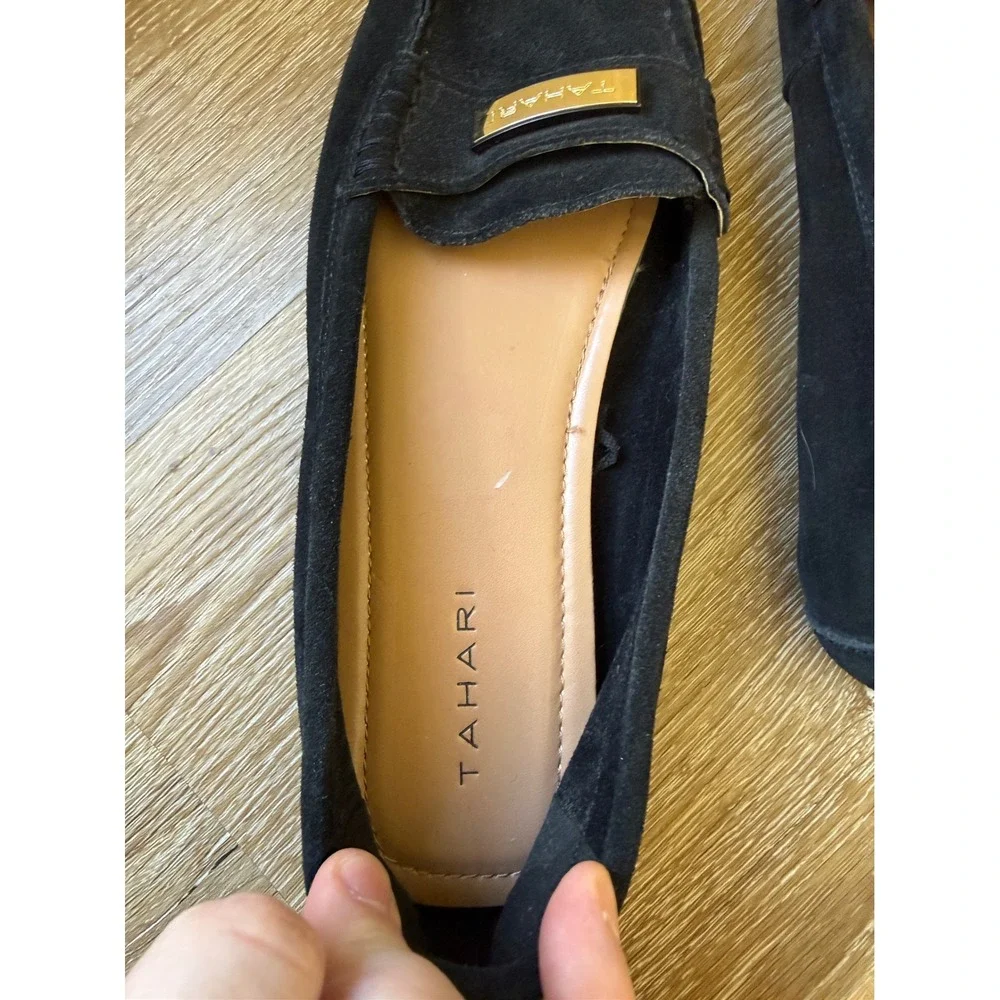 Tahari Marilu Loafers Womens 8.5 Black Suede Leather Slip On Flats Gold Logo